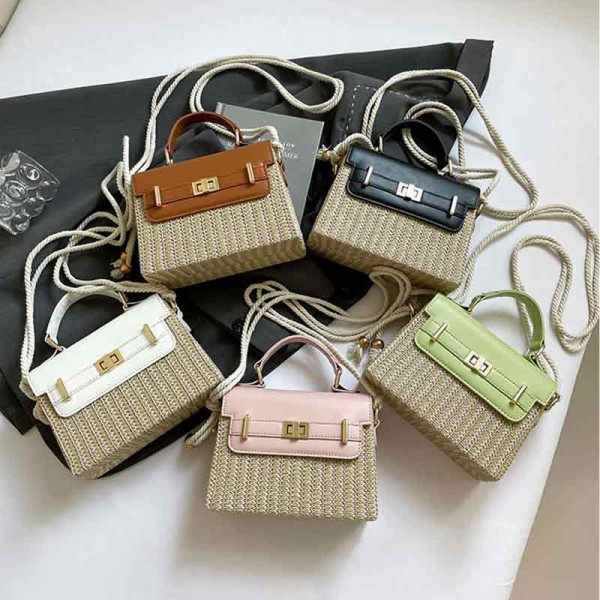 High-End Straw Texture Versatile Handbag Women 2025 Summer New Contrast Color Crossbody Bag Small Square Bag