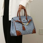 Retro Denim Contrast Color Handheld Kelly Bag Women's 2025 Light Luxury Texture Shoulder Bag Crossbody Bag