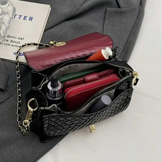 Women's Black Woven Leather Crossbody Bag with Detachable Shoulder Strap & Zip Closure
