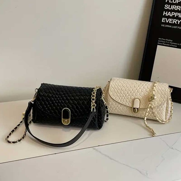 Women's Black Woven Leather Crossbody Bag with Detachable Shoulder Strap & Zip Closure