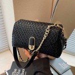 Women's Black Woven Leather Crossbody Bag with Detachable Shoulder Strap & Zip Closure