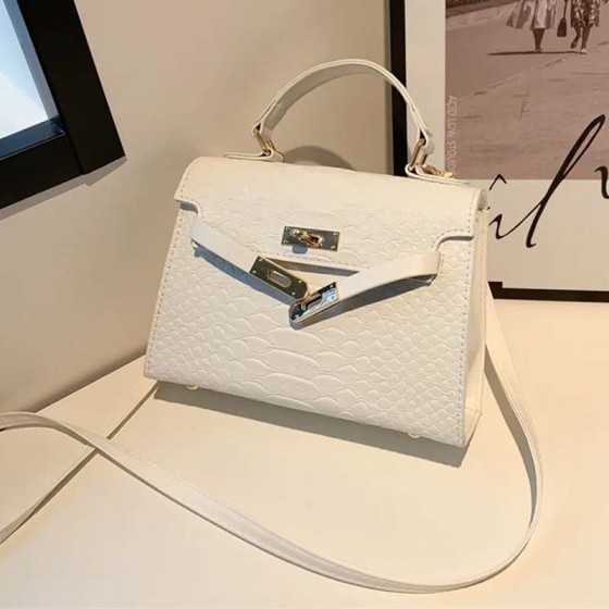 Women Faux Snakeskin Texture Fashionable Simple Square Lock Handle Shoulder Bag