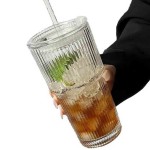 Large-Capacity Glass Cup with Straw & Vertical Stripes - 650ml Iced Coffee & Matcha Tumbler for Women, Office & Home Use - BPA-Free Cold Drinkware
