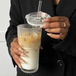 Large-Capacity Glass Cup with Straw & Vertical Stripes - 650ml Iced Coffee & Matcha Tumbler for Women, Office & Home Use - BPA-Free Cold Drinkware