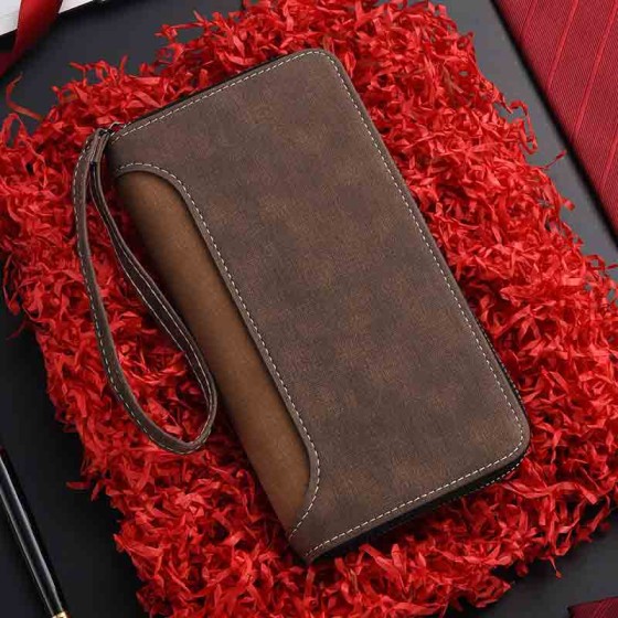 Large Capacity Men's Zip-Around Retro Wallet Frosted Texture Clutch Bag for Smartphones, Cards, and Cash
