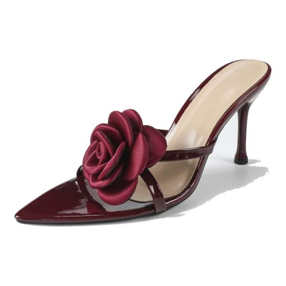 Women's Rose Flower Patent Pointed-Toe Stiletto Mules