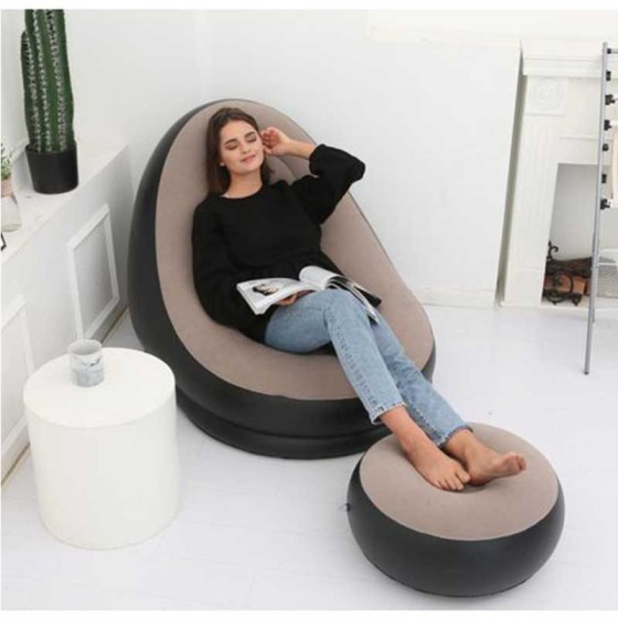 Inflatable Flocking Bean Bag Sofa with Footstool Lazy Couch