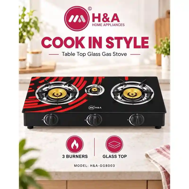 H&A 3-Burner Table Top Glass Gas Stove GG8003 (Black)