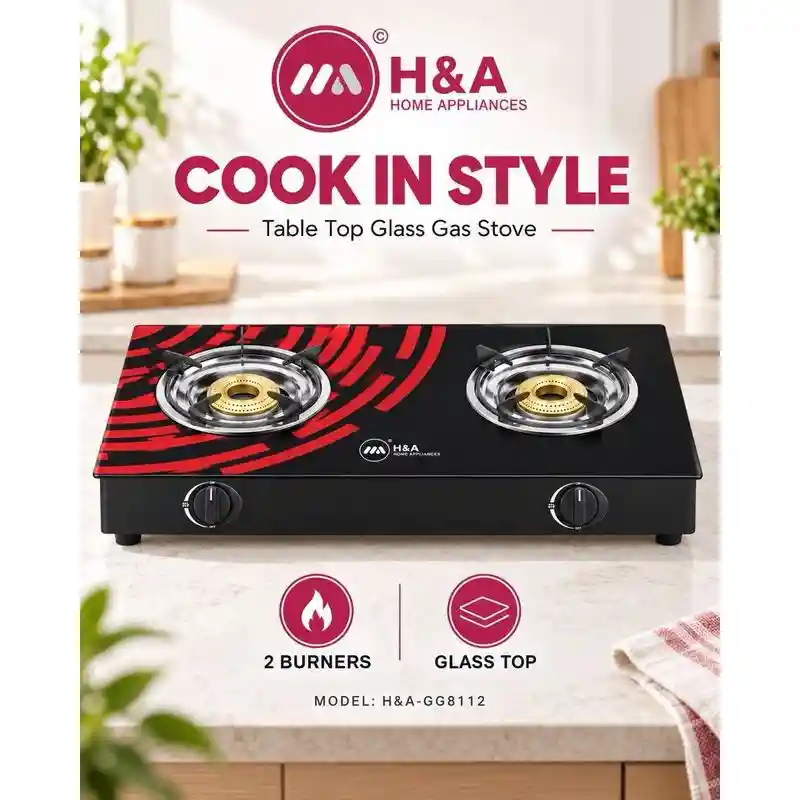 H&A 2-Burner Table Top Glass Gas Stove GG8112 (Black)