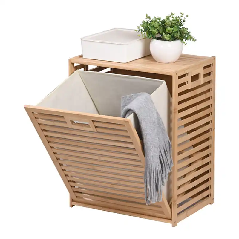 Slatted Tilt-Out Laundry Hamper Cabinet with Removable Liner