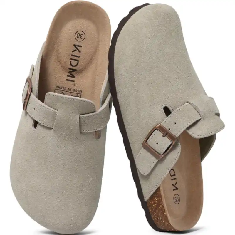 Unisex Cork Footbed Suede Clogs with Adjustable Buckle