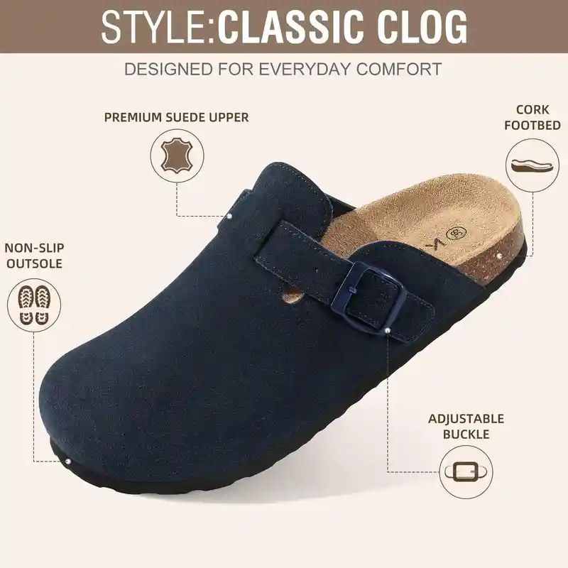 Unisex Cork Footbed Suede Clogs with Adjustable Buckle
