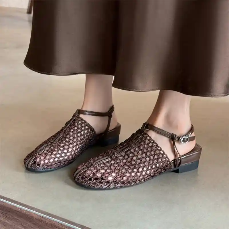 Women's Woven Hollow-Out Slingback Sandals – Low Chunky Heel