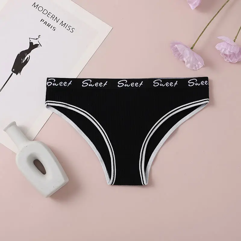 Women's Ribbed Cotton Mid-Waist Briefs with Letter Waistband