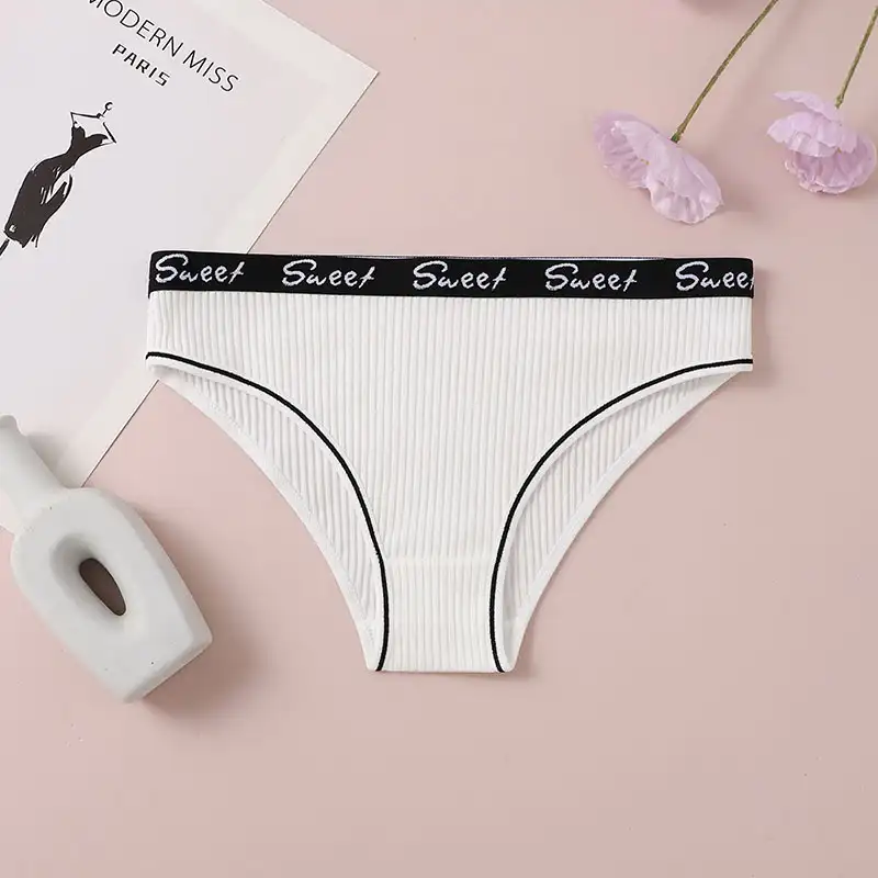 Women's Ribbed Cotton Mid-Waist Briefs with Letter Waistband