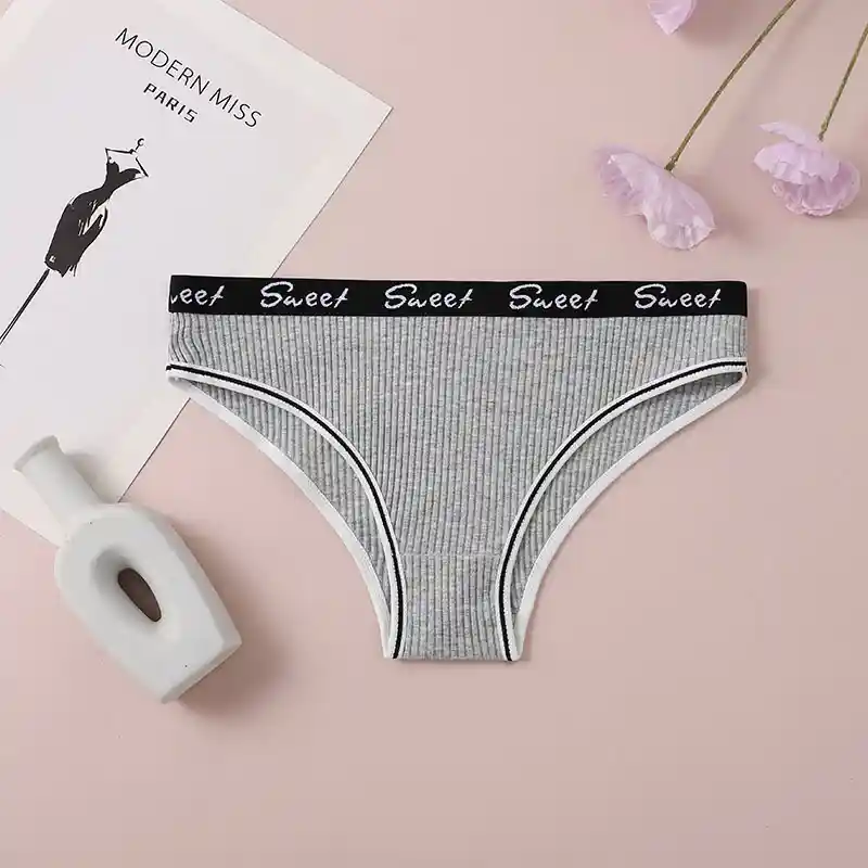 Women's Ribbed Cotton Mid-Waist Briefs with Letter Waistband