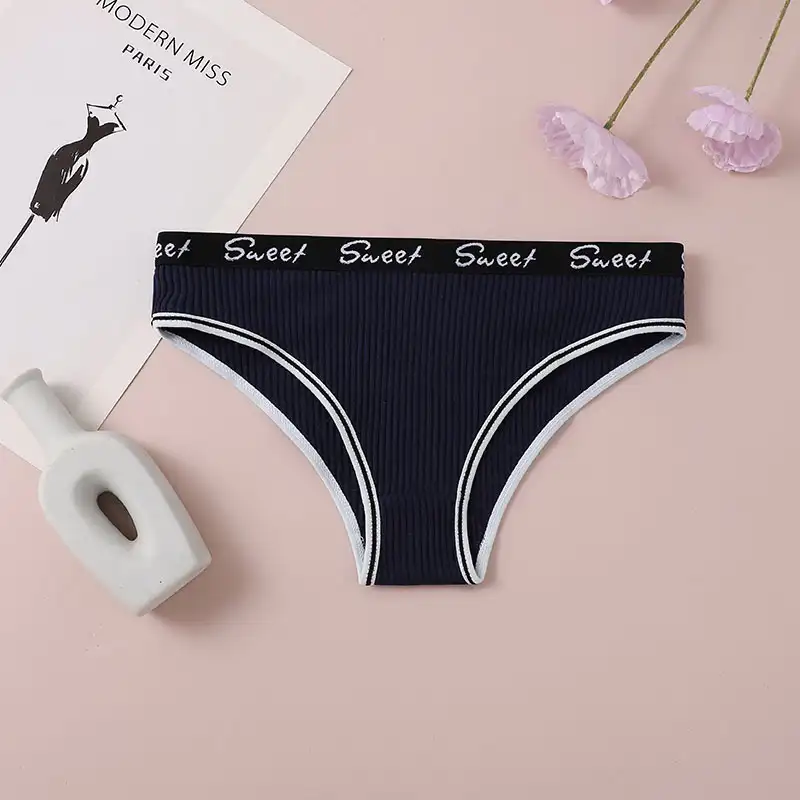 Women's Ribbed Cotton Mid-Waist Briefs with Letter Waistband