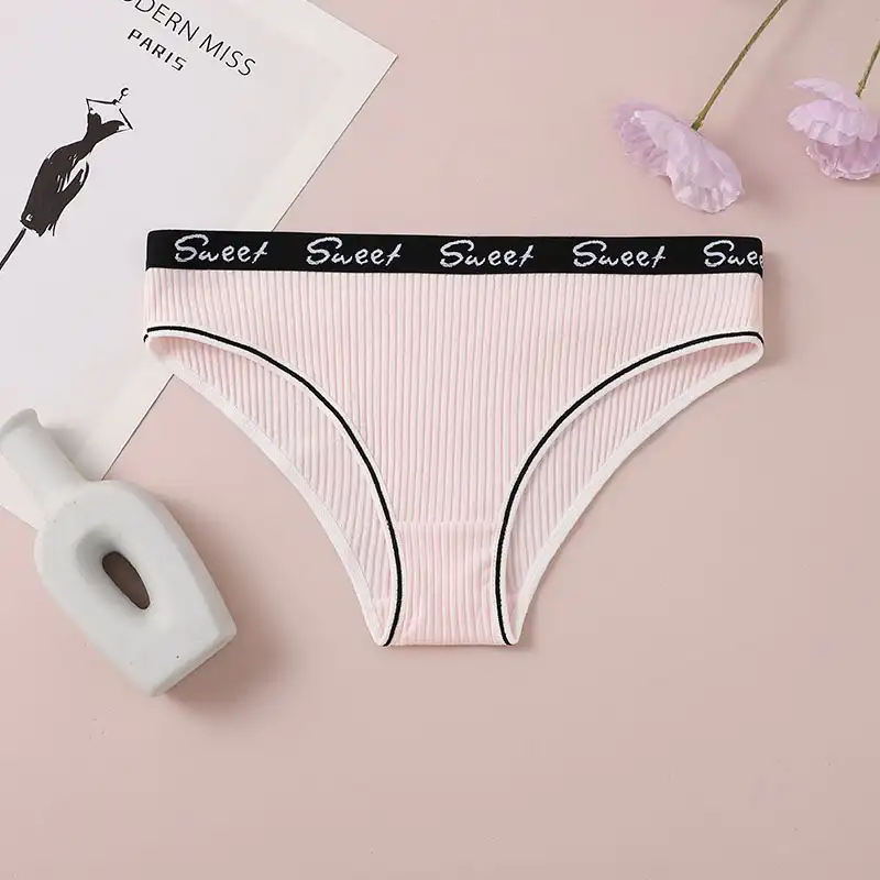 Women's Ribbed Cotton Mid-Waist Briefs with Letter Waistband
