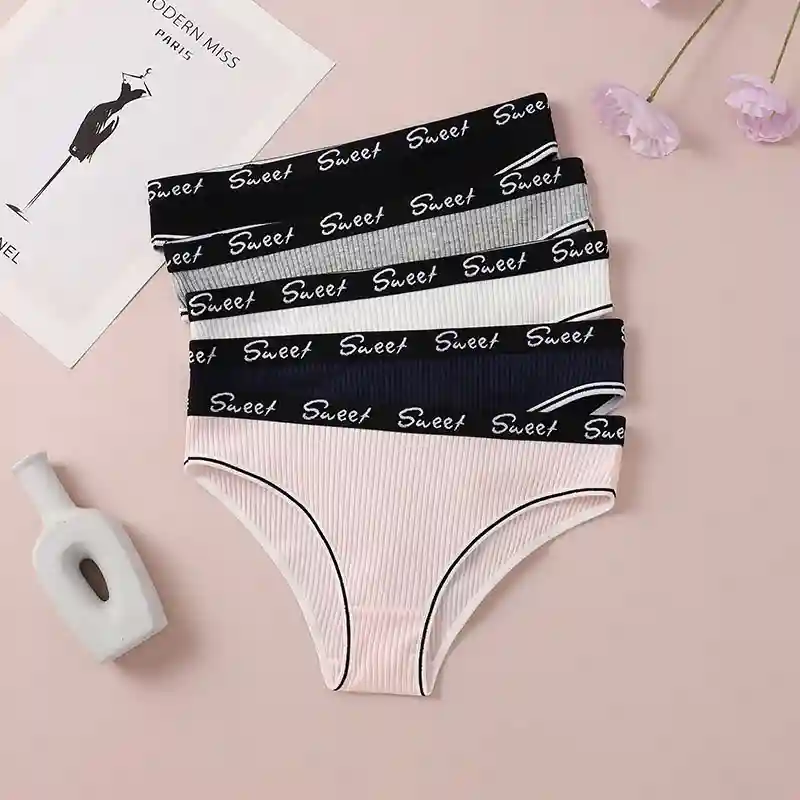 Women's Ribbed Cotton Mid-Waist Briefs with Letter Waistband